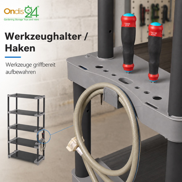 Ondis24 Logo. Werkzeughalter und Haken aus Kunststoff an einem Regal, bestückt mit Schraubendrehern und einem Gartenschlauch.