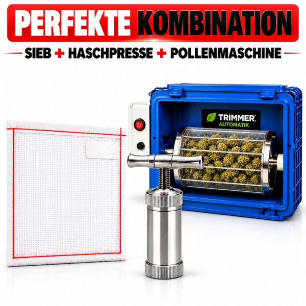 Set aus Sieb, Haschpresse aus Metall und automatischer Pollenmaschine mit Trimmer Logo.