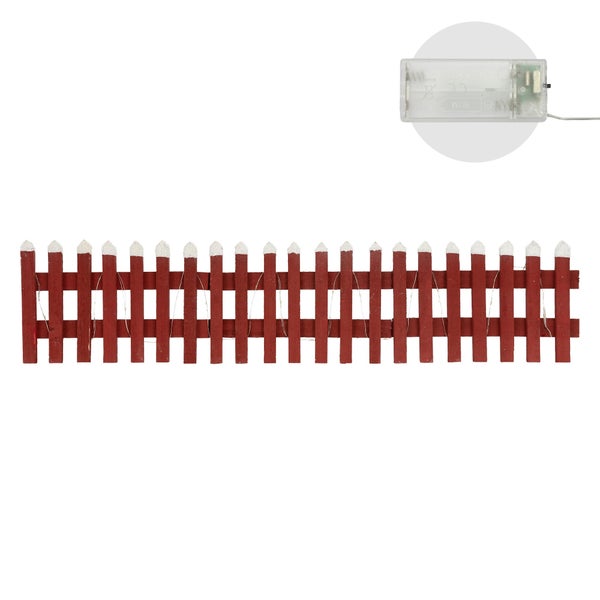 ECD Germany Deko Holz Zaun mit LED in Rot, 90x21 cm, batteriebetrieben, mit Timer, Mini Gartenzaun beleuchtet, Mini-Lattenzaun, Weihnachtsbaum-Zaun, Weinachtsdeko, Winter Gatter, Minigarten Dekoration