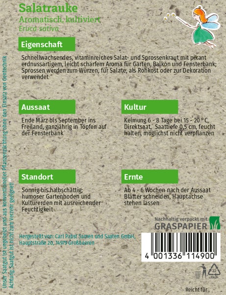 Rückseite einer Samentüte für Salatrauke (Eruca sativa) mit Informationen zu Aussaat, Standort und Ernte, verpackt in nachhaltigem Graspapier.