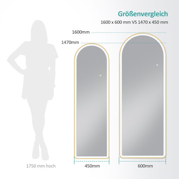 EMKE Bogen Standspiegel Gold, 147 x 45 cm, Ganzkörperspiegel mit LED-Beleuchtung, 3 einstellbare Lichtfarben und dimmbar, Aluminiumrahmen, ideal für Wohn-, Schlaf-, Aufenthalts- und Ankleidezimmer