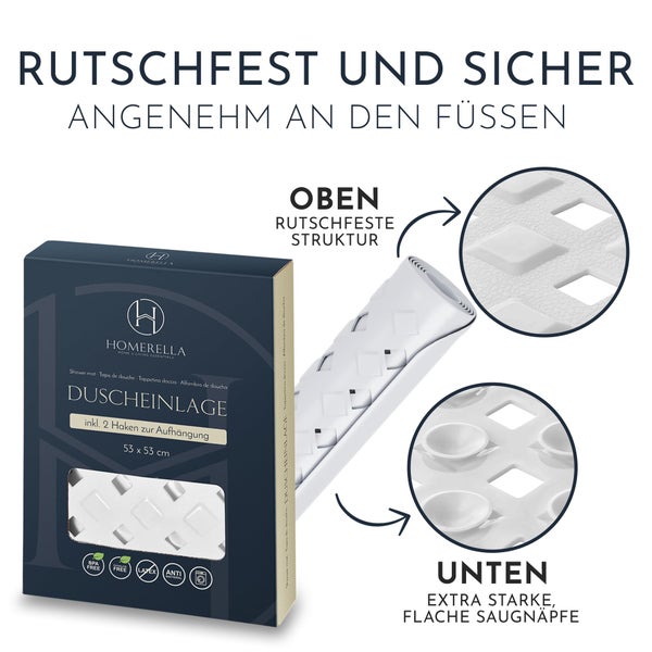 Homerella® Duschmatte rutschfest - 100% BPA frei - Inkl. 2 Haken zum Aufhängen 53x53cm - Antirutschmatte Dusche hautsensitiv & schimmelresistent - Duscheinlage maschinenwaschbar