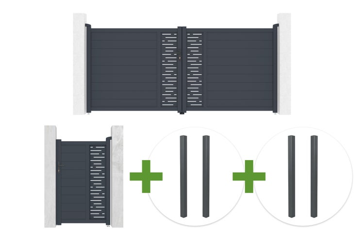 Set aus Aluminium-Doppeltor, Gartentür und vier Pfosten in Anthrazit mit horizontalen Lamellen und dekorativem Muster.