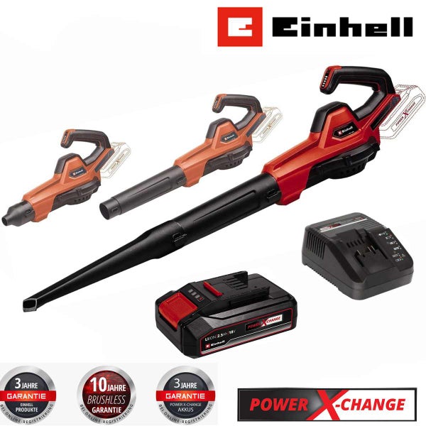 Einhell Akku-Laubbläser Power X-Change mit bürstenlosem Motor, 18 Volt 2,5 Ah Akku und Ladegerät. 3 Jahre Garantie auf Gerät und Akku, 10 Jahre auf Motor. Einhell Logo.