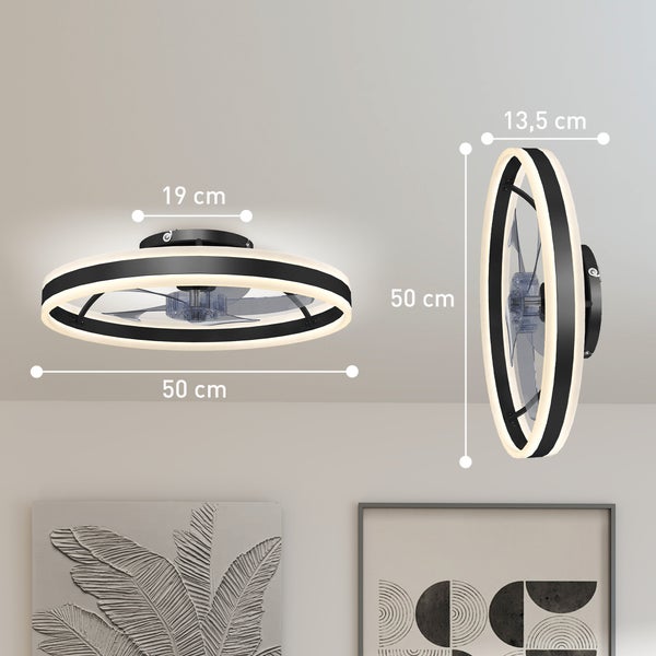Deckenventilator mit LED Lichtring von unten und der Seite mit Abmessungen, Durchmesser 50 Zentimeter, Höhe 13,5 Zentimeter.
