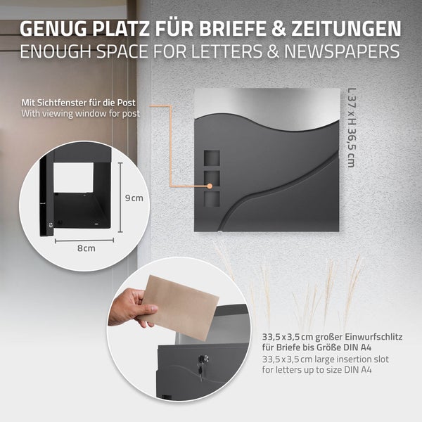 Detailansicht eines Briefkastens mit Maßen und Einwurfschlitz für Briefe bis DIN A4 Format