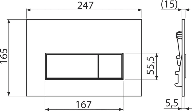 Maßzeichnung einer WC-Betätigungsplatte mit Abmessungen 247 mal 165 Millimeter. Technische Zeichnung mit Front- und Seitenansicht.