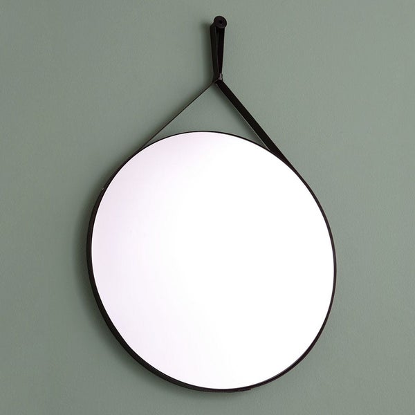 Design Badezimmerspiegel mit schwarzem Lederrahmen Durchmesser 60 cm