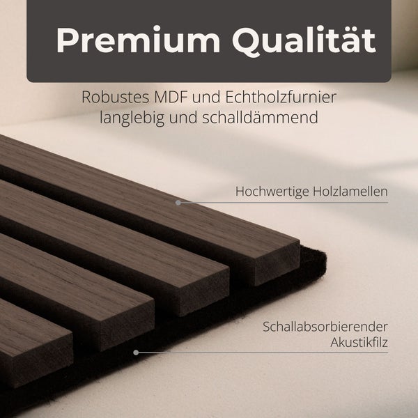Akustikpaneel mit Holzlamellen aus mitteldichter Holzfaserplatte und Echtholzfurnier auf schallabsorbierendem Akustikfilz.