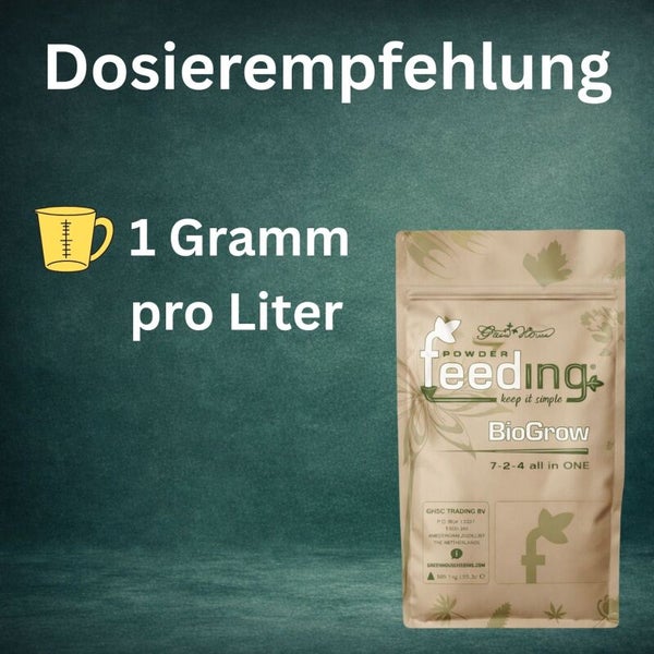 Dosierempfehlung für Powder Feeding BioGrow Dünger: 1 Gramm pro Liter