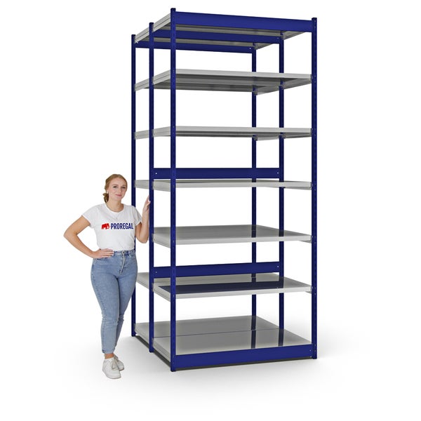 PROREGAL Fachbodenregal Stecksystem Vierkant-Profil Grundregal HxBxT 300 x 132,5 x 60 cm 2x7 Ebenen Doppelseitige Bauart Fachlast 200 kg Enzianblau