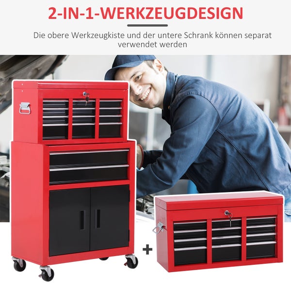 HOMCOM Werkstattwagen mit Werkzeugkasten Werkzeugwagen leer abschließbar mit 6 Schubladen, Schrankfach, Antirutschmatten, 2 Schlüssel Werkzeugschrank Metall Rot+Schwarz