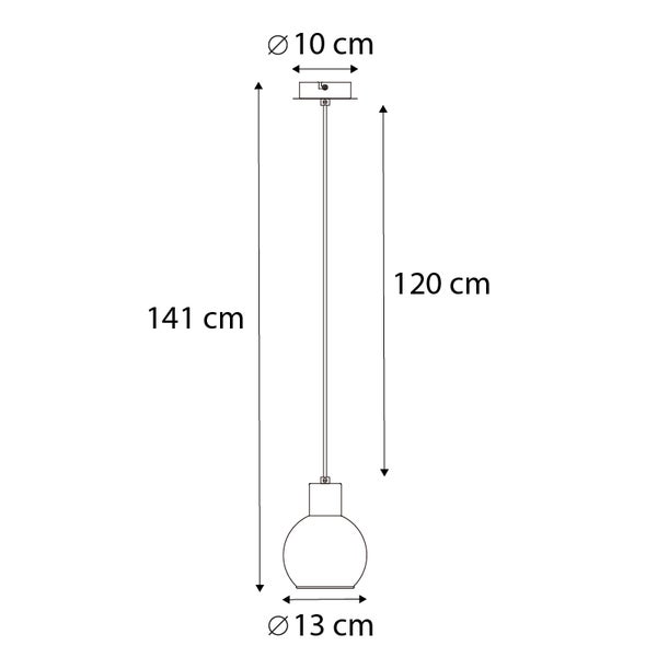 Technische Zeichnung einer Pendelleuchte mit den Maßen 141 cm Höhe, 120 cm Kabellänge, 10 cm Durchmesser Baldachin und 13 cm Durchmesser Lampenschirm.
