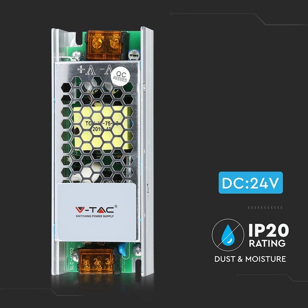 V-TAC Schaltnetzteil mit IP20 Schutzart gegen Staub und Feuchtigkeit und einer Ausgangsspannung von 24 Volt.