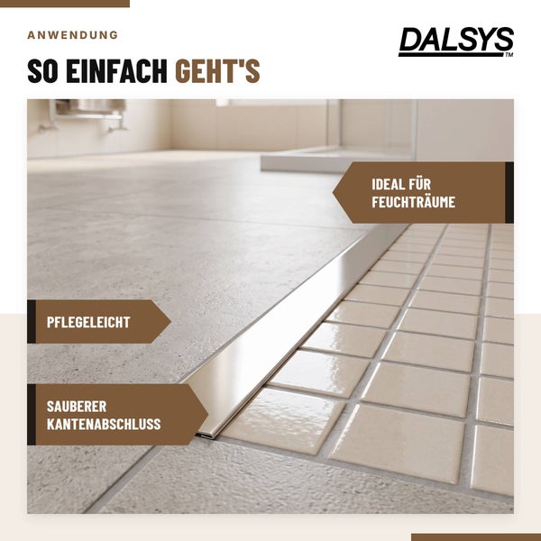 Dalsys Fliesenprofil als Kantenabschluss im Badezimmer installiert für einen sauberen Übergang zwischen Bodenfliesen.