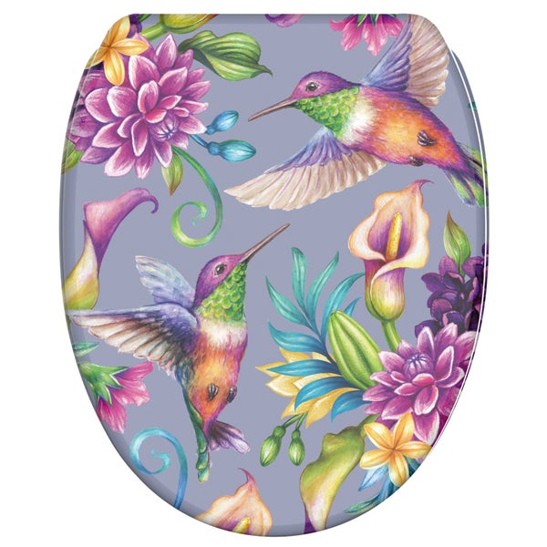 WC-Sitz mit farbenfroher Illustration von Kolibris und verschiedenen Blumen wie Callas und Dahlien.