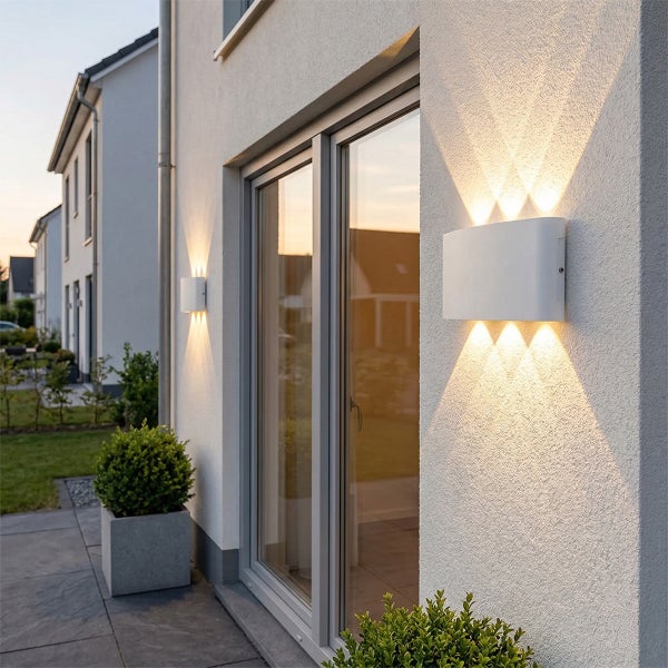 Moderne LED Außenwandleuchte an einer Hausfassade mit dekorativem Up and Down Lichteffekt neben einer Terrassentür.