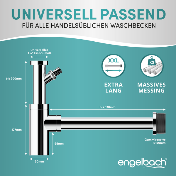 Engelbach® Design Siphon für Waschbecken & Waschtisch - Mit Reinigungsöffnung - r 1 1/4 - inkl. Gummimanschette und Anleitung