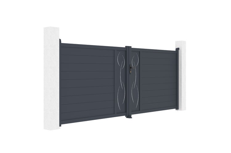 Modernes Doppelflügeltor aus Aluminium in Anthrazit mit dekorativen Mustern und horizontalen Lamellen.