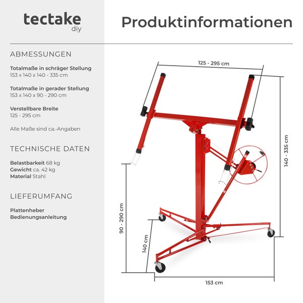 Dimensionszeichnung des Tectake Plattenhebers aus Stahl mit technischen Details