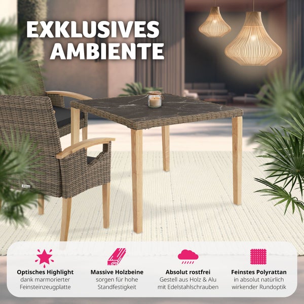 Rattan Tisch tectake Tarent 93,5 x 93,5 x 75 cm mit Aluminium- und Holzgestell natur