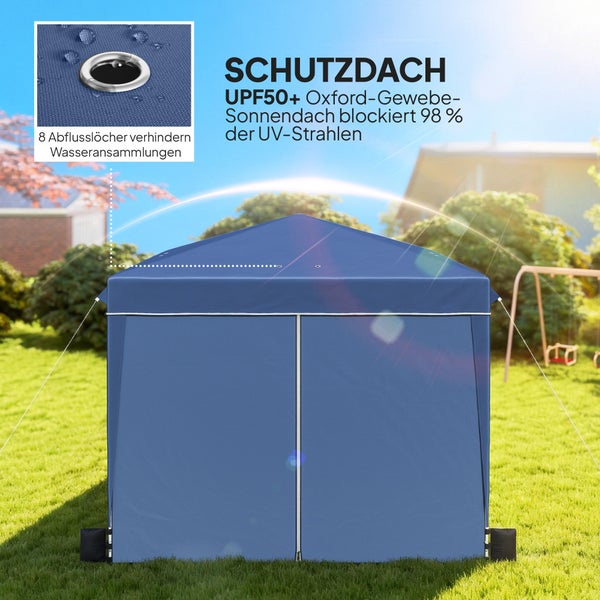 Blauer Gartenpavillon mit Seitenteilen aus Oxford-Gewebe, UPF 50 Plus UV-Schutz und acht Abflusslöchern zur Vermeidung von Wasseransammlungen.