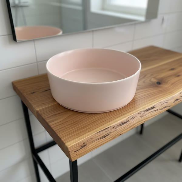 Rundes Aufsatzwaschbecken in Rosa auf einer Waschtischplatte aus Massivholz mit Baumkante und schwarzem Metallgestell.