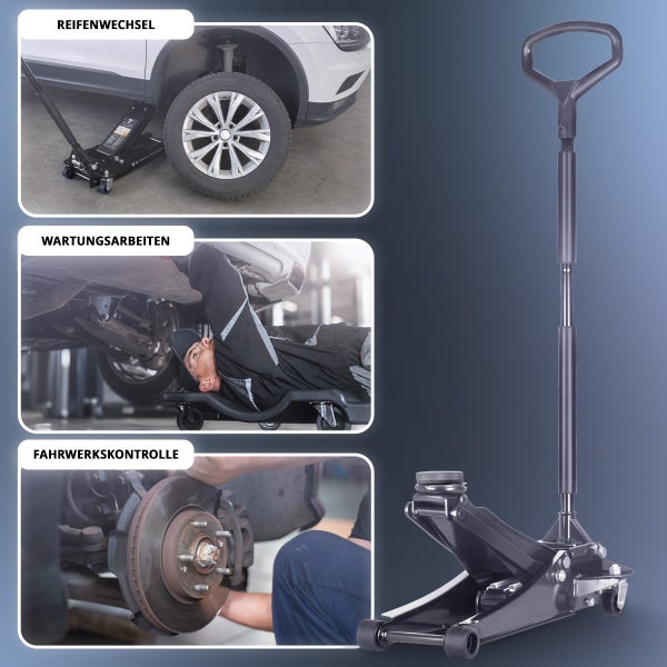 Rangierwagenheber fuer Kfz Reparaturen und Reifenwechsel mit Anwendungsbeispielen fuer Wartung und Fahrwerkskontrolle.