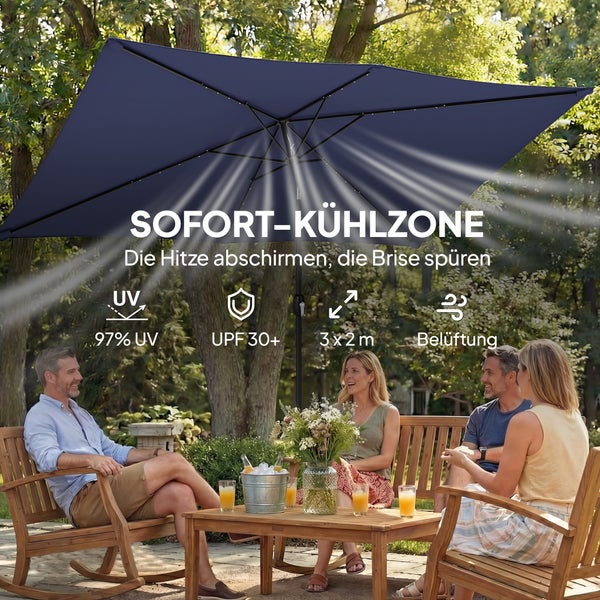 Dunkelblauer rechteckiger Sonnenschirm 3 mal 2 Meter mit Belüftung und Ultraviolett-Schutz über Personen an einem Holztisch im hellen Garten.