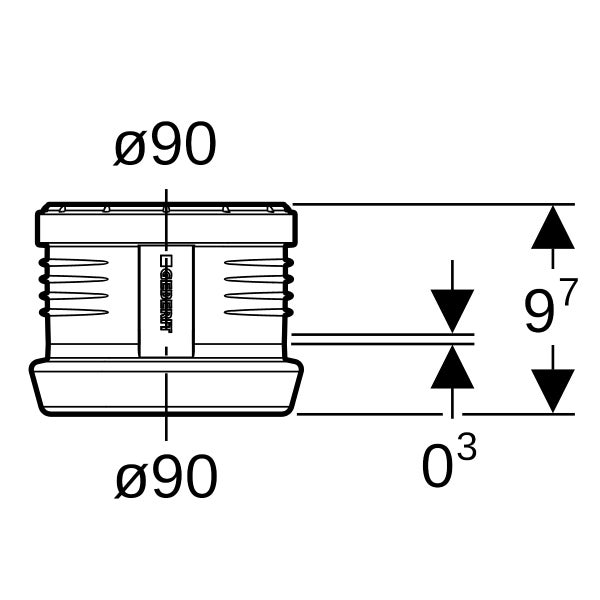Technische Zeichnung einer Geberit Manschette mit einem Durchmesser von 90 Millimeter und einer Höhe von 97 Millimeter.