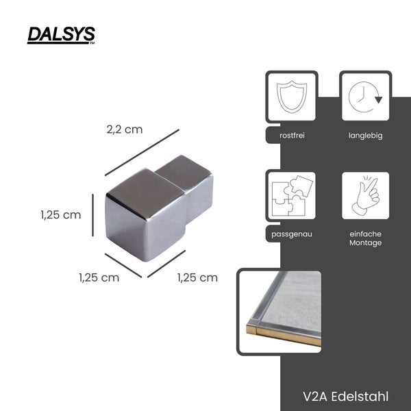 Dalsys Logo. Eckstück für Fliesenprofile aus V2A Edelstahl, 1,25 mal 2,2 Zentimeter. Rostfrei, langlebig, passgenau, einfache Montage.