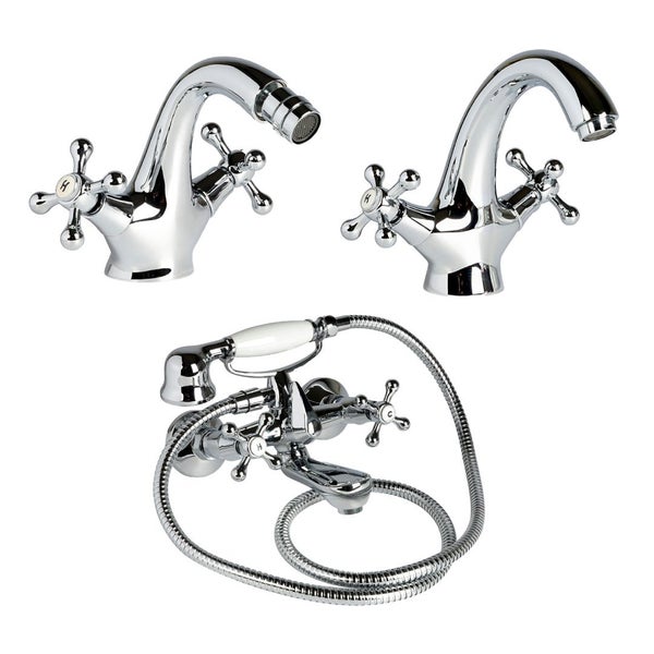 Drei Wasserhähne für Badezimmer in Chromoptik, darunter ein Bidet-Wasserhahn, ein Waschbecken-Wasserhahn und ein Badewannen-Wasserhahn