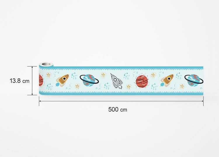 Tapetenbordüre für das Kinderzimmer mit Weltraum-Motiven wie Raketen, Planeten und Sternen, Maße 13,8 Zentimeter mal 500 Zentimeter.