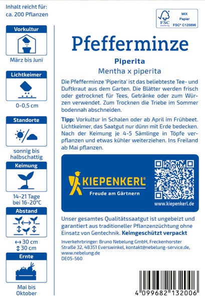 Saatgut Pfefferminze Piperita von Kiepenkerl mit Pflanzanleitung, Symbolen für Anbauinformationen und FSC Zertifizierung.
