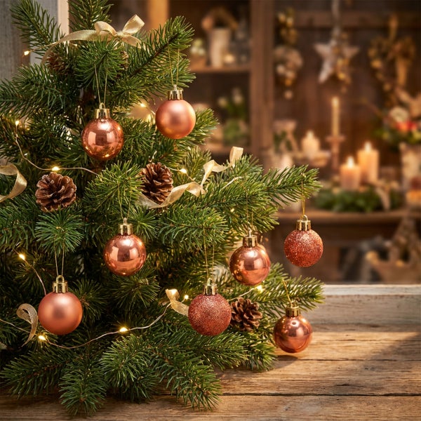 Geschmückter Weihnachtsbaum auf Holztisch mit Kugeln, Tannenzapfen und Lichterkette für die festliche Dekoration