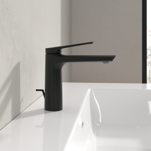 Villeroy & Boch Oasis Waschtischarmatur, Wasserhahn Bad mit Zugstange und Keramikkartusche, Waschbeckenarmatur wassersparend, Auslauf Höhe 114mm, rund, Matt Black
