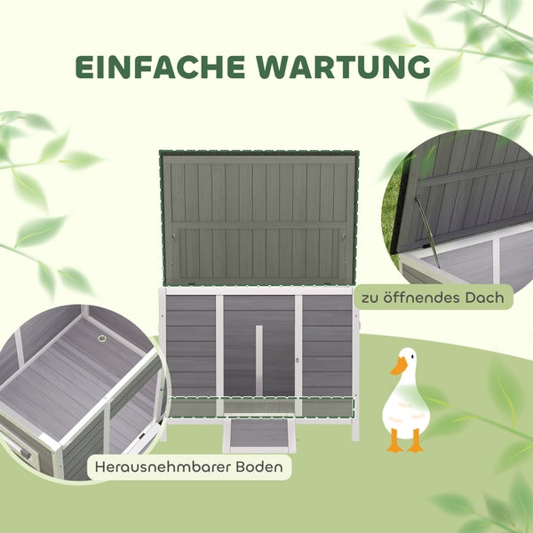 Kleintierstall aus Holz mit aufklappbarem Dach und herausnehmbarem Boden zur einfachen Wartung.