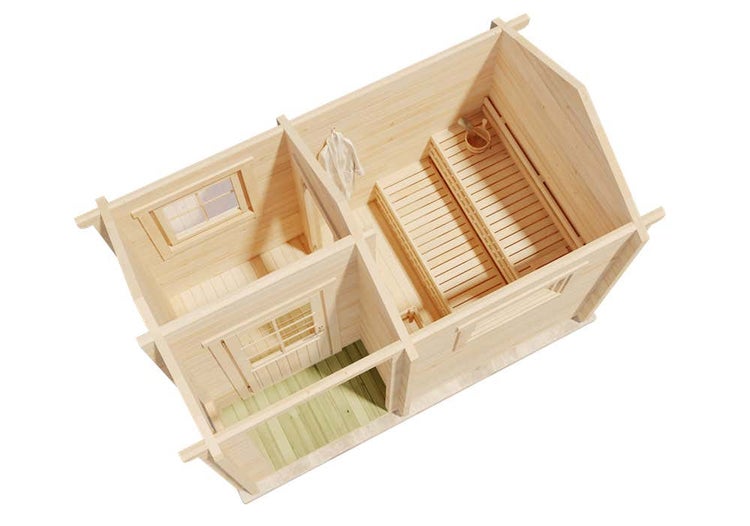 Garten-Sauna aus hellem Holz in der Draufsicht, unterteilt in Saunaraum mit Bänken, Vorraum und einen kleinen Terrassenbereich.