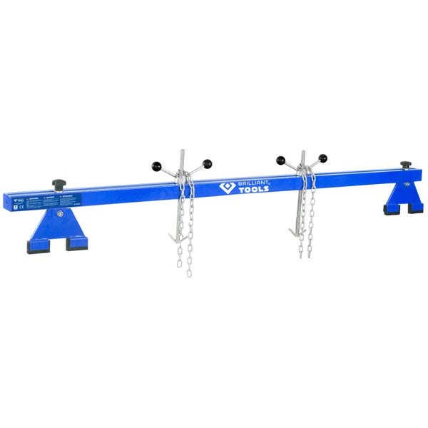 Blaue Brilliant Tools Motorbrücke mit zwei Ketten, verstellbaren Standfüßen, Haken und Brilliant Tools Logo.