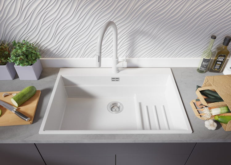 PRIMAGRAN Spülbecken Alles Weiß 78x53cm, Granitspüle 1 Becken + Ablauf-Set + Küchenzubehörset, Küchenspüle ab 80er Unterschrank - Oslo Max