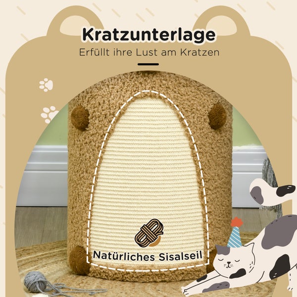 PawHut Kratztonne, Höhe 66 cm, Kratzturm mit 2 Ebenen, Katzentonne mit Kratzbrett, Katzenturm mit 2 Höhlen, Katzenkratzbaum im Bärendesign, Hellbraun