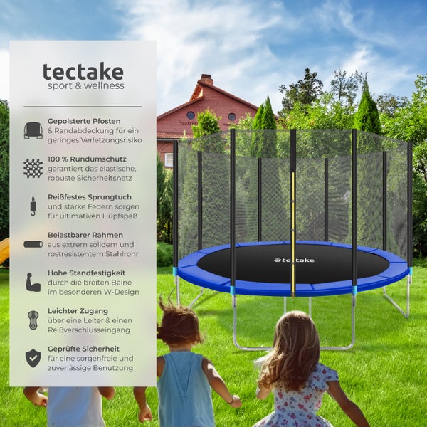 tectake Trampolin mit Sicherheitsnetz im Garten mit spielenden Kindern