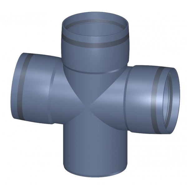 HT Doppelabzweig aus grauem Kunststoff für Abwasserrohre im Innenbereich mit drei Muffen und einem Einsteckende.