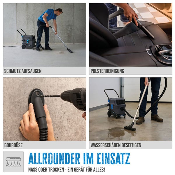 Anwendungsbeispiele für einen Mehrzwecksauger: Schmutz saugen, Polster reinigen, Bohrdüse verwenden und Wasserschäden beseitigen.