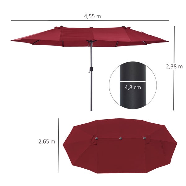 Outsunny Doppelsonnenschirm 455 x 270 cm Gartenschirm mit Handkurbel oval stabil Metallstange Marktschirm Doppelsonnenschirm Terrassenschirm Sonnenschutz für Strand Balkon Terrasse Garten Weinrot