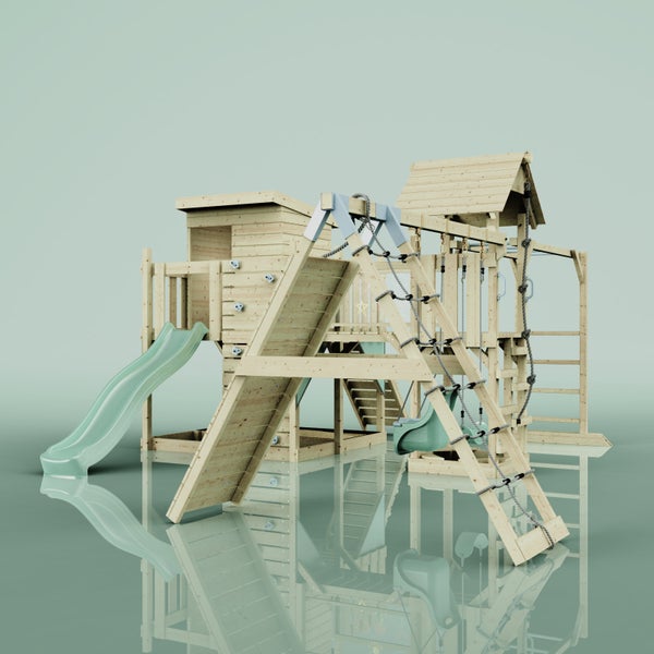 Kinderspielplatz aus Holz mit Rutsche, Kletterwand und Schaukel