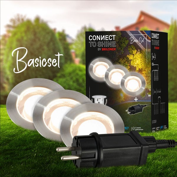 Briloner Connect to Shine Basicset mit drei runden LED Einbaustrahlern aus Metall, Netzstecker, Schutzart IP 67 und drei Jahren Garantie.