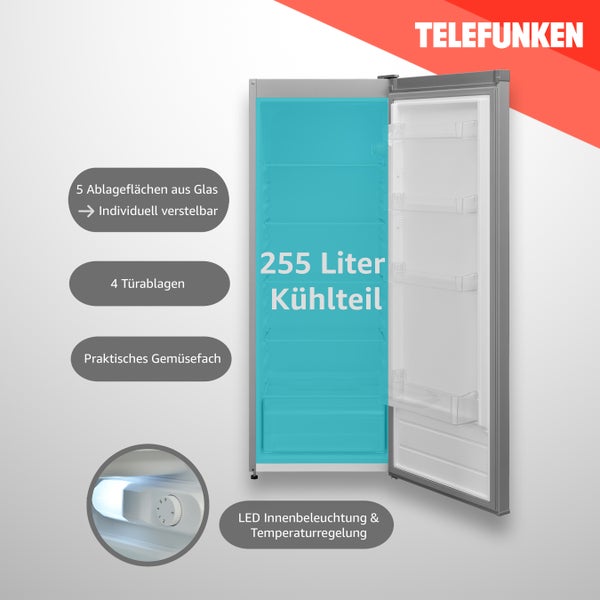 Telefunken Kühlschrank mit fünf Glasablagen, vier Türablagen, einem Gemüsefach, LED Innenbeleuchtung und Temperaturregelung