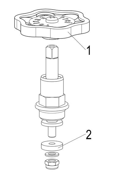 Explosionszeichnung eines Ventiloberteils mit Handrad 1 und Dichtung 2.