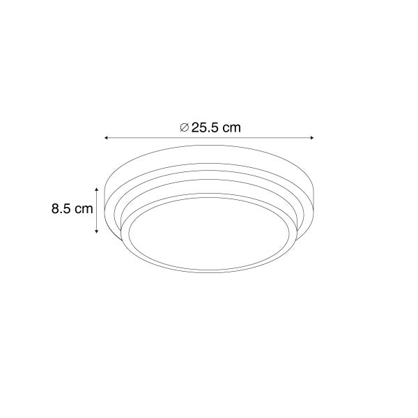 Technische Zeichnung einer runden Deckenleuchte mit einem Durchmesser von 25,5 Zentimeter und einer Höhe von 8,5 Zentimeter.